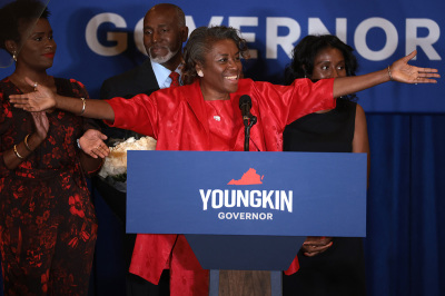 Virginia Republican candidate for lieutenant governor Winsome Sears takes the stage with her family during an election night rally at the Westfields Marriott Washington Dulles on November 02, 2021, in Chantilly, Virginia. Virginians went to the polls Tuesday to vote in the gubernatorial race that pitted Republican gubernatorial candidate Glenn Youngkin against Democratic gubernatorial candidate, former Virginia Gov. Terry McAuliffe.