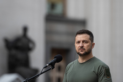Ukrainian President Volodymyr Zelensky is seen during his joint press conference with Polish PM Mateusz Morawiecki and Latvian President Egils Levits on Sept. 9, 2022, in Kyiv, Ukraine.