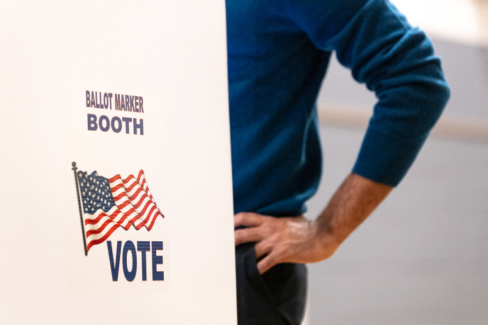 Vivek Ramaswamy, Republican presidential candidate, fills out his ballot on Election Day in Columbus, Ohio, on November 7, 2023. Ohio voters on Tuesday are choosing whether to enshrine abortion rights into the state's constitution, in what may well be a bellwether on an issue likely to dominate next year's US presidential race.