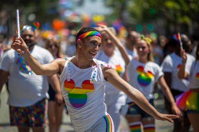 People from the Walt Disney Company participate in the annual LA Pride Parade in West Hollywood, California, on June 9, 2019.