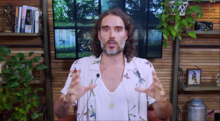 A screenshot of actor Russell Brand in a YouTube video from Sept. 15, 2023.